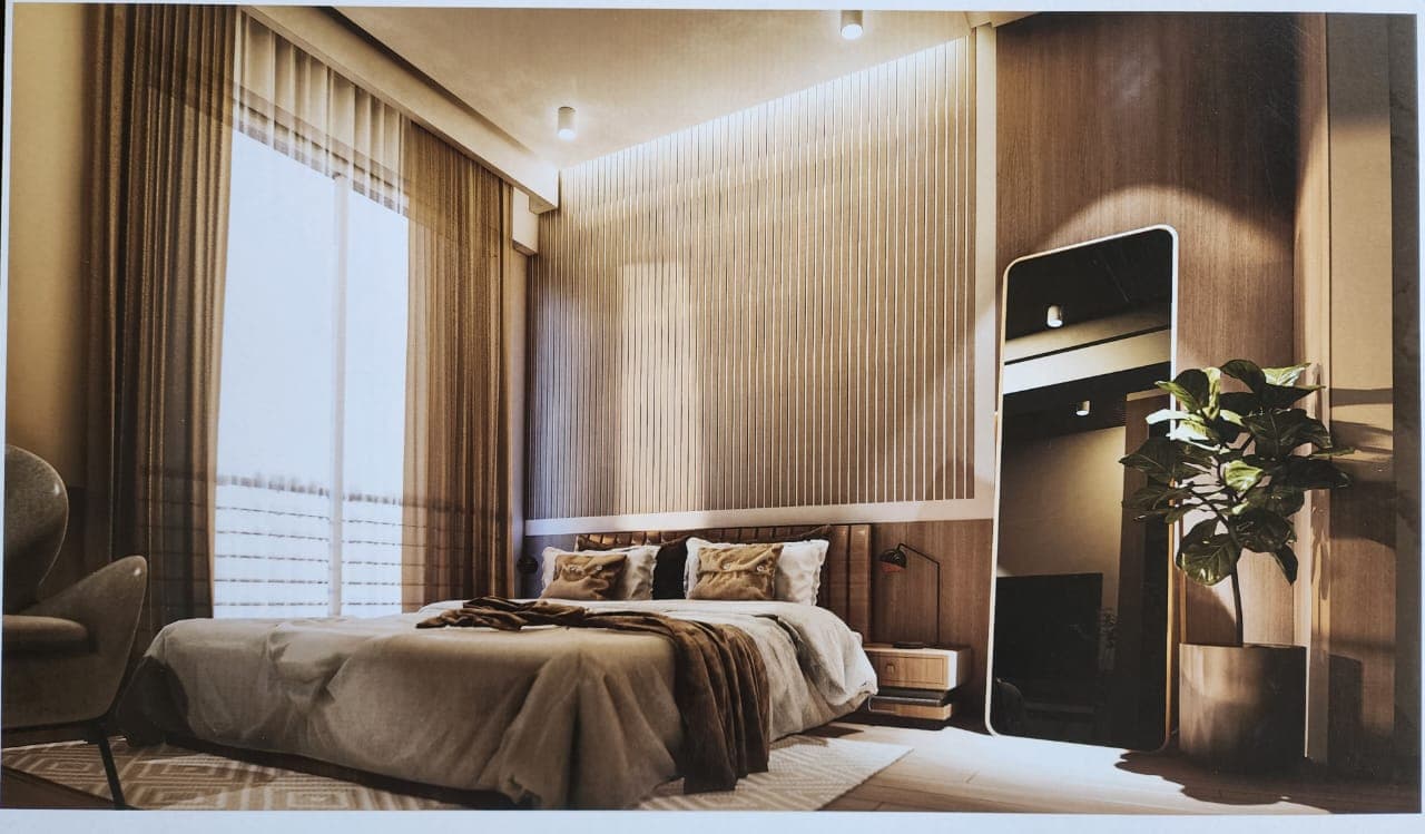 Principal bedroom of an A.S.G. residence, with a slatted timber headboard wall and full-height glazing